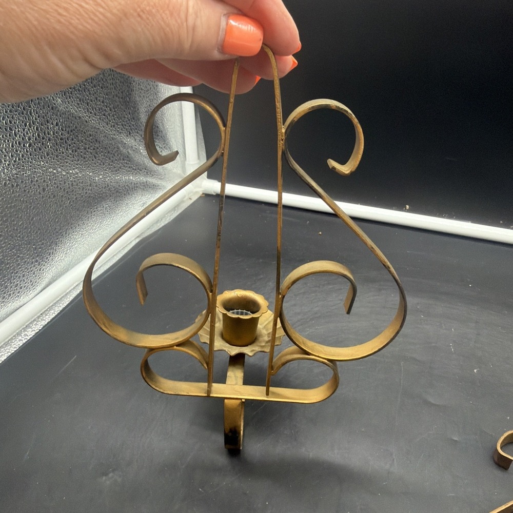 2 Vtg MCM Gold Tone Metal Wall Candle Holders Flower Sconce Retro Home Interior - Picture 5 of 8